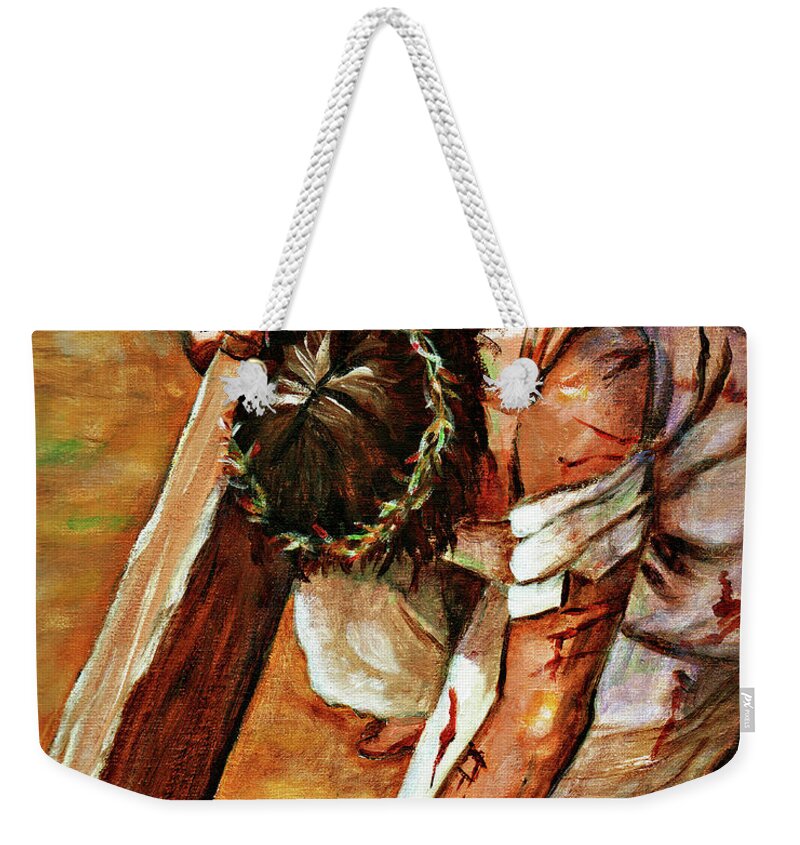 Jesus Weekender Tote Bag featuring the painting Jesus Falls by Dorothy Riley