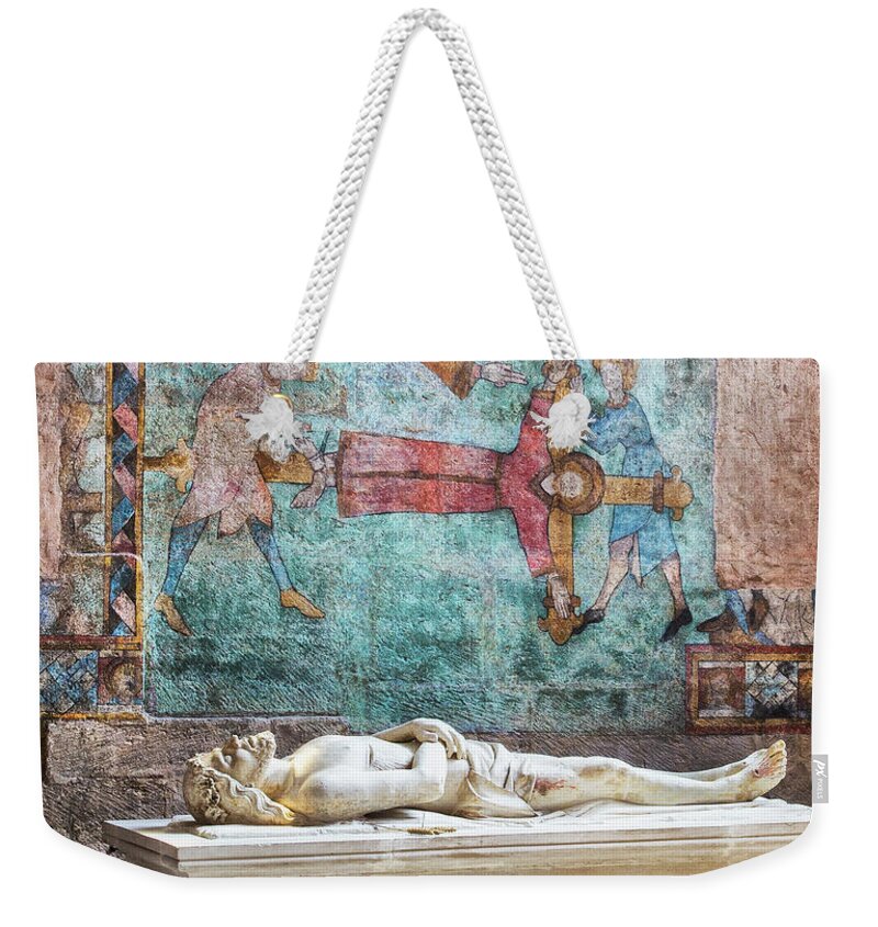 Religion Art; Religious Art; Spiritual; Spirituality; Catholic; Catholicism; Religion; Religious; Holy; Hope; Faith; Love; Happiness; Jesus Weekender Tote Bag featuring the photograph Jesus in Saint-Mammes by 2bhappy4ever