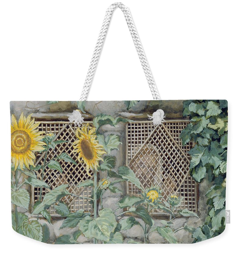 Jesus Looking Through A Lattice With Sunflowers Weekender Tote Bag featuring the painting Jesus Looking through a Lattice with Sunflowers by Tissot