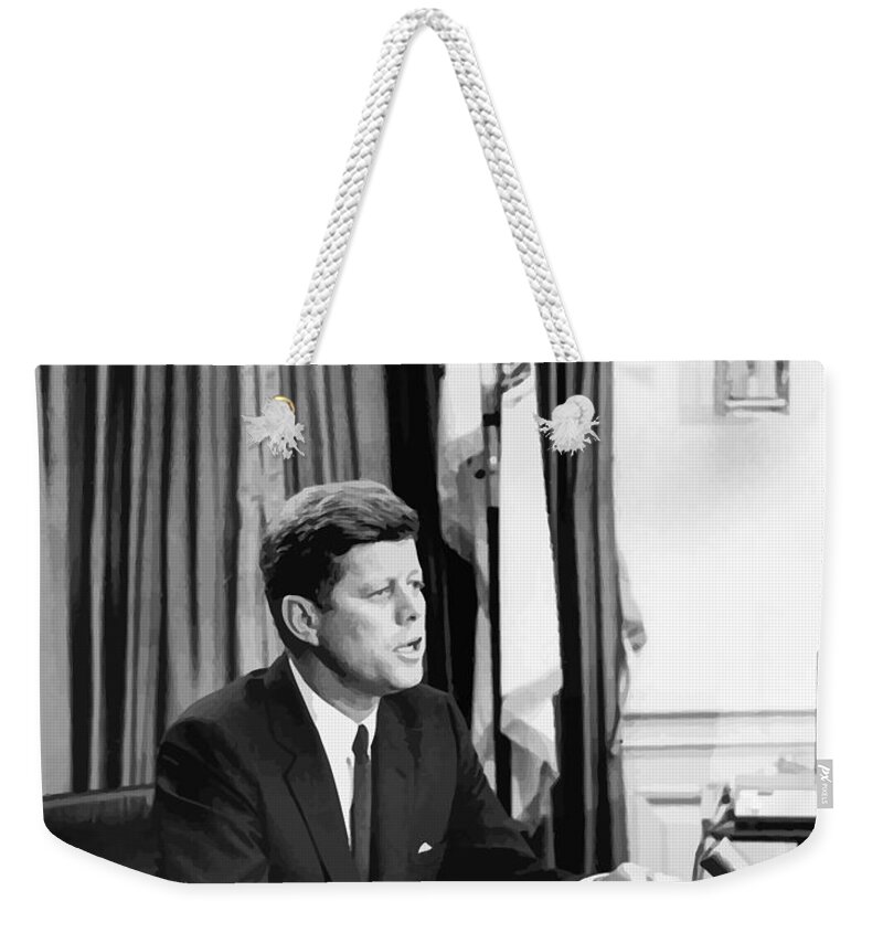 Jfk Weekender Tote Bag featuring the painting JFK Addresses The Nation Painting by War Is Hell Store