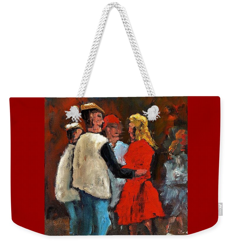 Val Byrne Weekender Tote Bag featuring the painting Round de floor with yer Trotters Shake by Val Byrne