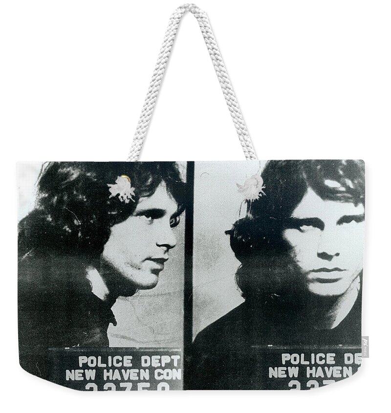 Jim Morrison Weekender Tote Bag featuring the photograph Jim Morrison Mug Shot Horizontal by Tony Rubino