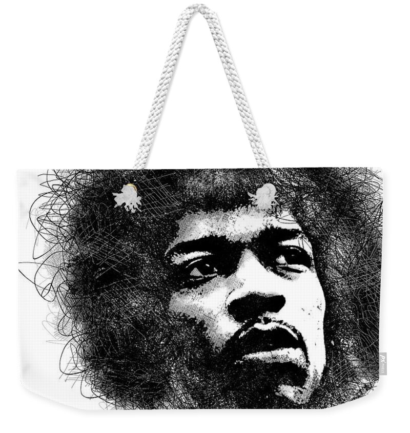 Jimi Hendrix Weekender Tote Bag featuring the digital art Jimi Hendrix bw scribbles portrait by Mihaela Pater