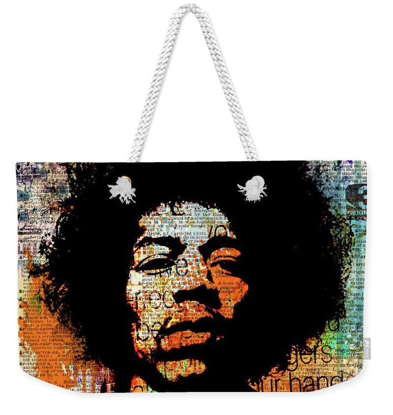 Jimi Weekender Tote Bag featuring the painting Jimi on dictionary page by Art Popop