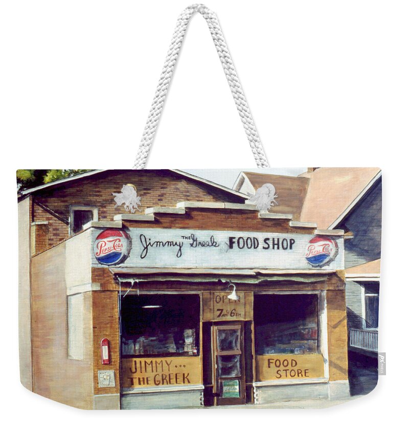 Small Town Weekender Tote Bag featuring the painting Jimmy The Greek by William Brody