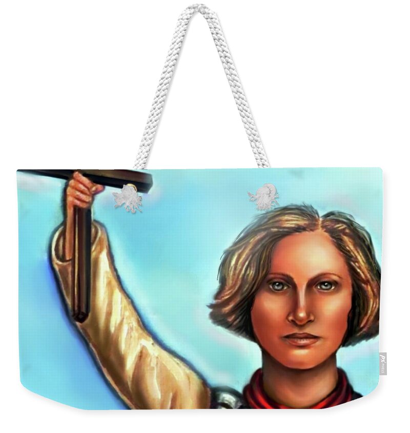 Joan Of Arc Weekender Tote Bag featuring the painting Joan of arc with Cross by Carmen Cordova