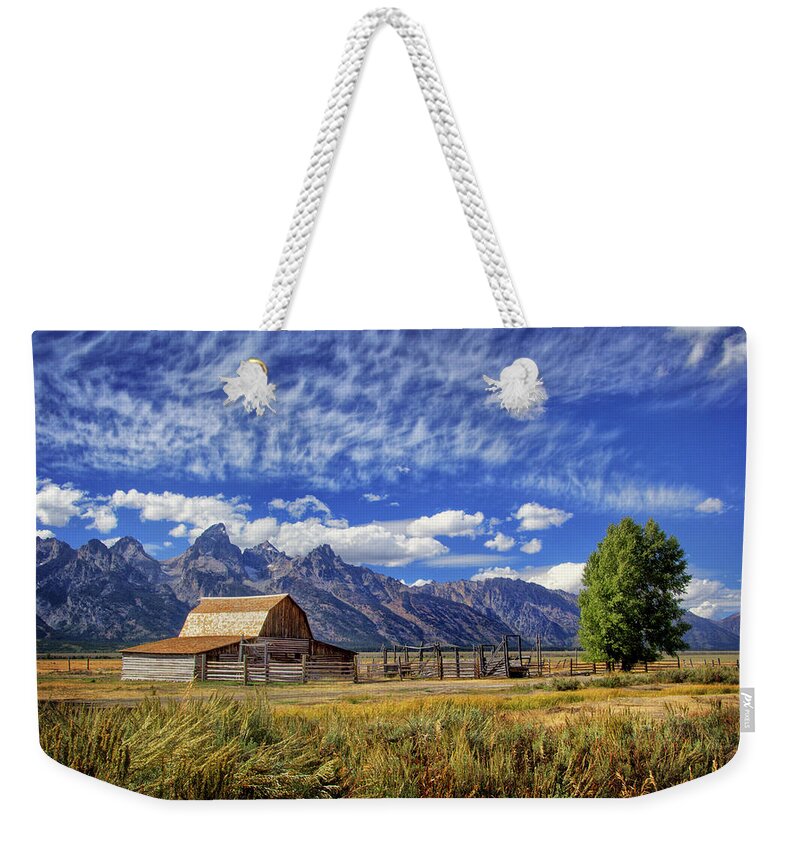 John Moulton Barn In The Tetons Weekender Tote Bag featuring the photograph John Moulton Barn in the Tetons by Carolyn Derstine