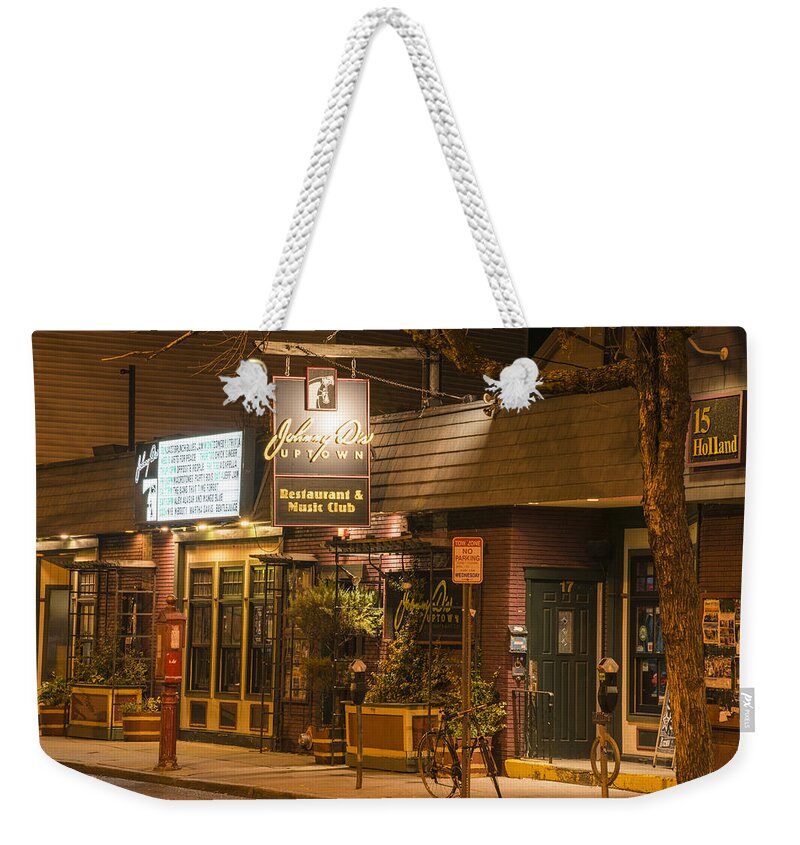 Johnny Weekender Tote Bag featuring the photograph Johnny Ds Music Club in Davis Square Somerville MA by Toby McGuire