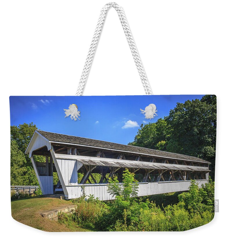 America Weekender Tote Bag featuring the photograph Johnson Covered Bridge by Jack R Perry