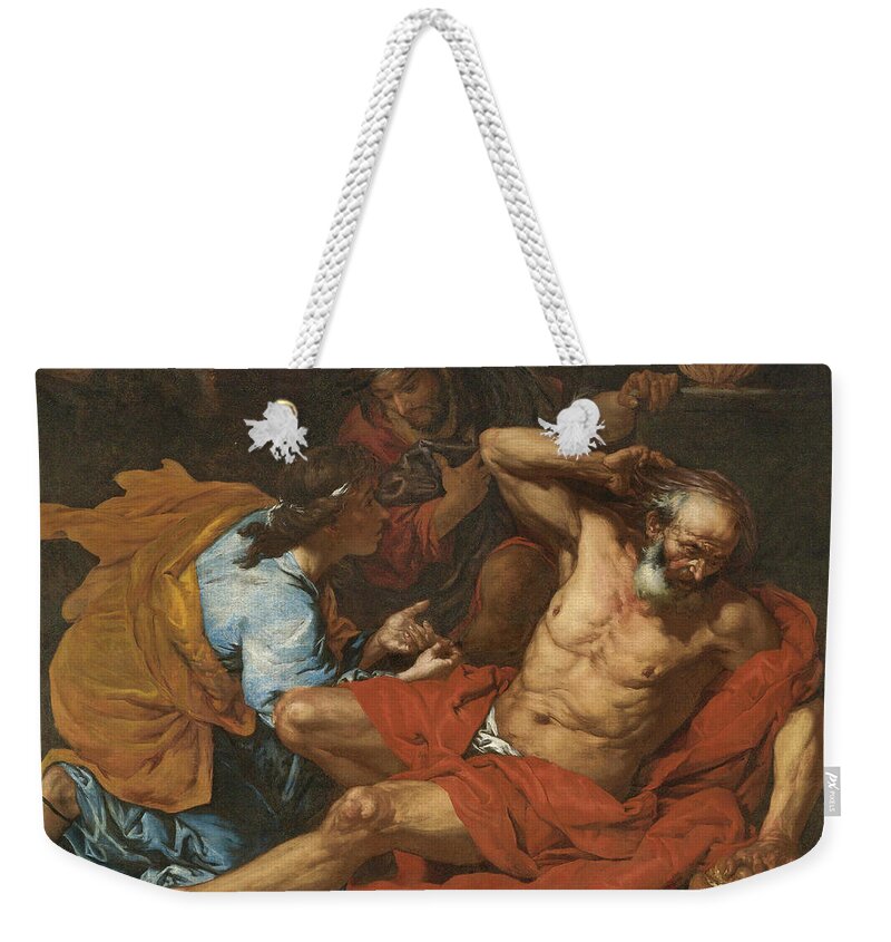 Giovanni Battista Langetti Weekender Tote Bag featuring the painting Joseph Interpreting the Baker's Dream by Giovanni Battista Langetti