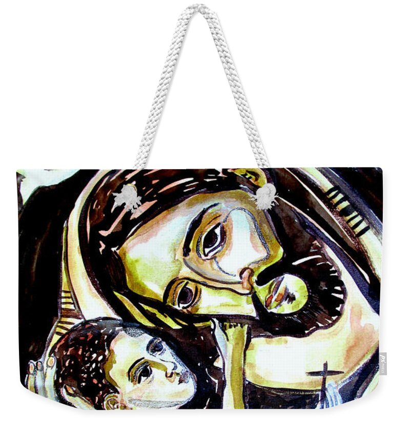 Joseph Weekender Tote Bag featuring the painting Joseph with young Jesus by Sarah Hornsby
