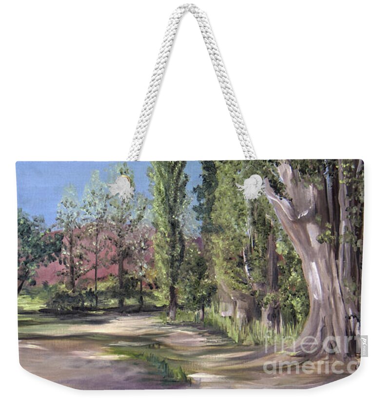 Landscape Weekender Tote Bag featuring the painting Josie's Cabin by Nila Jane Autry
