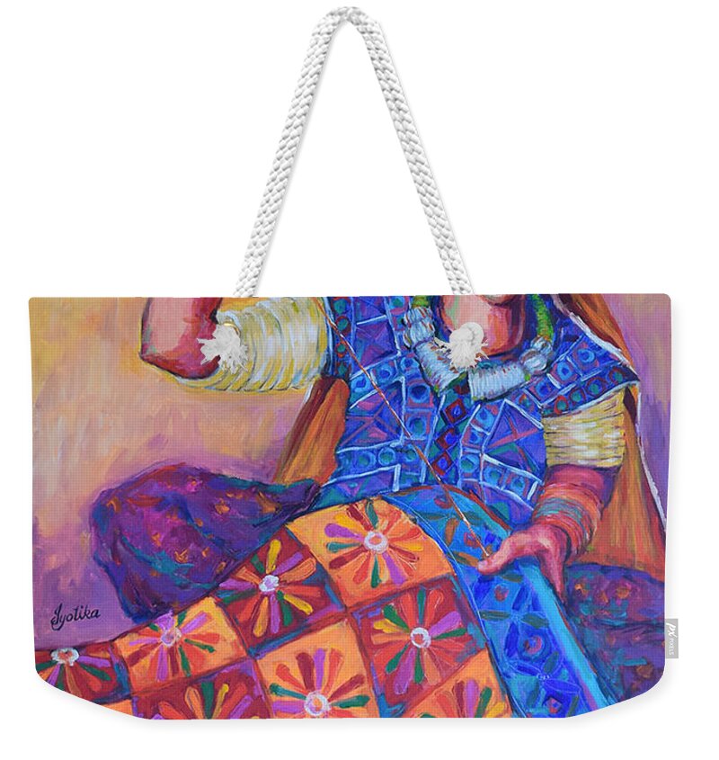Tribal Woman Weekender Tote Bag featuring the painting Joy of Quilting by Jyotika Shroff