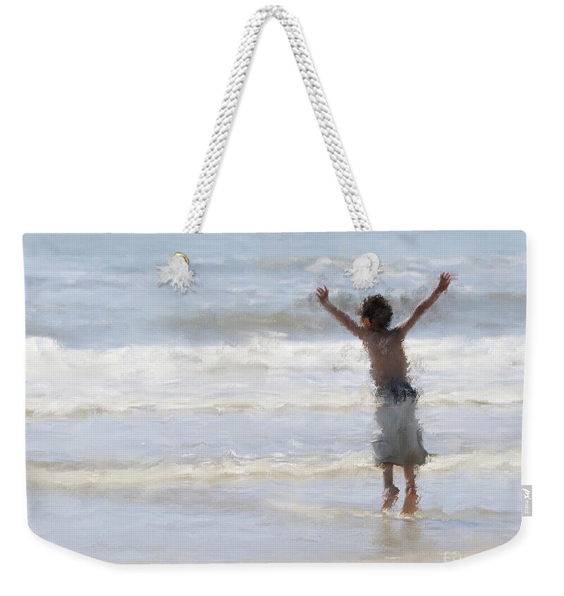 Little Boy Weekender Tote Bag featuring the painting Joyful Jumping In The Ocean by Constance Woods