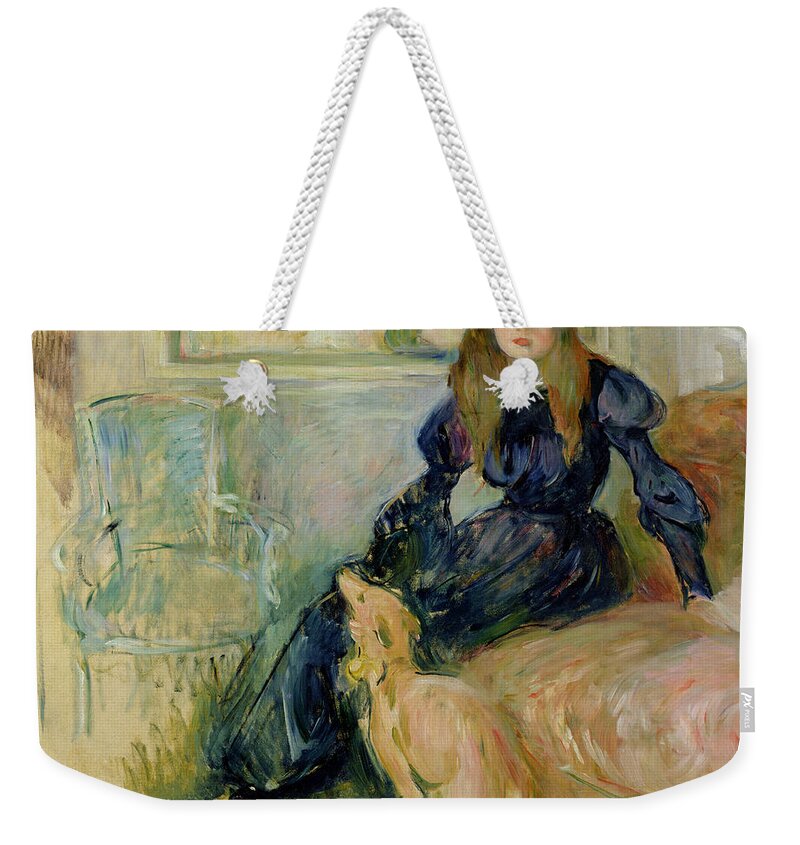 Julie Weekender Tote Bag featuring the painting Julie Manet and her Greyhound Laerte by Berthe Morisot