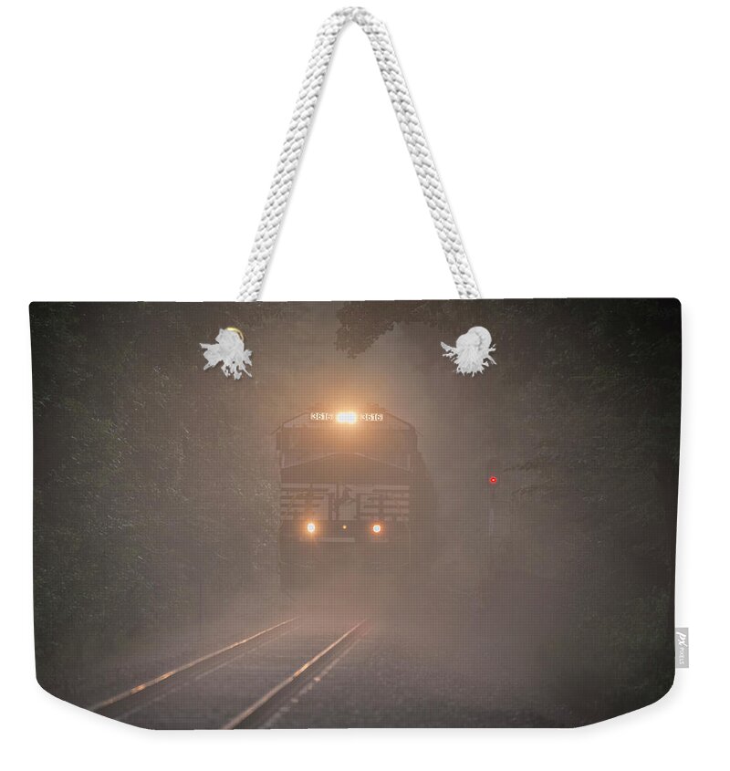 Railroad Tracks Weekender Tote Bag featuring the photograph July 6 2016 Norfolk Southern Tier4 engine 3616 in Fog by Jim Pearson