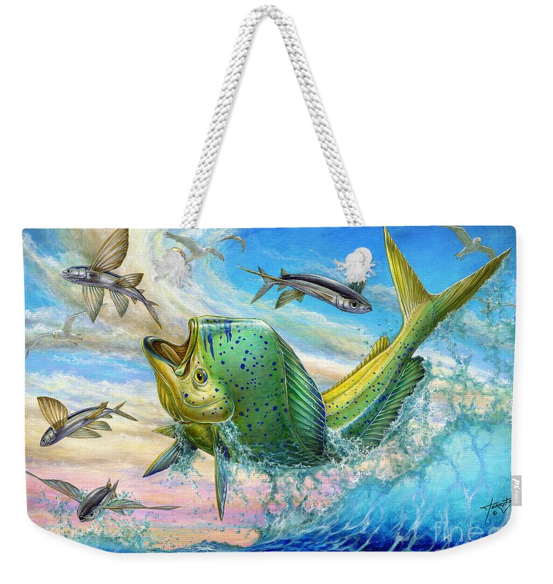 Flyingfish Weekender Tote Bag featuring the painting Jumping Mahi Mahi And Flyingfish by Terry Fox