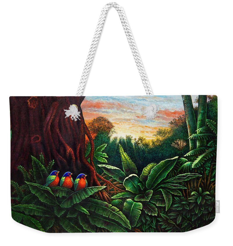 Birds Weekender Tote Bag featuring the painting Jungle Harmony 3 by Michael Frank