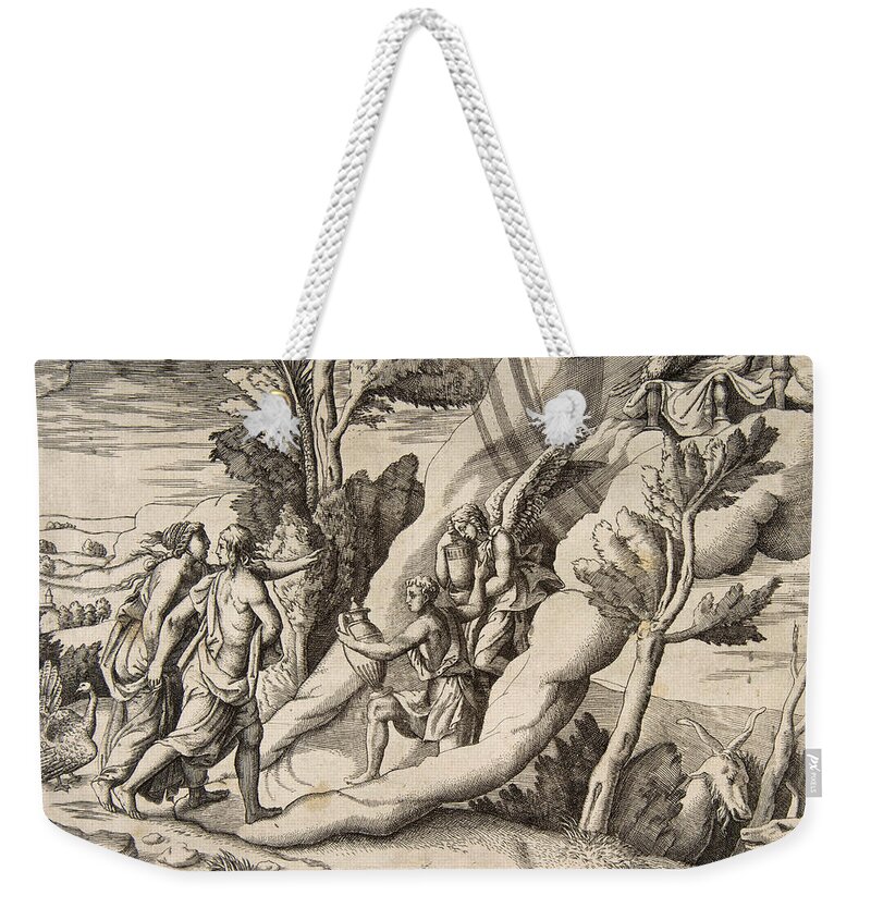 Giulio Bonasone Weekender Tote Bag featuring the drawing Jupiter and Juno being received in the heavens by Ganymede and Hebe by Giulio Bonasone