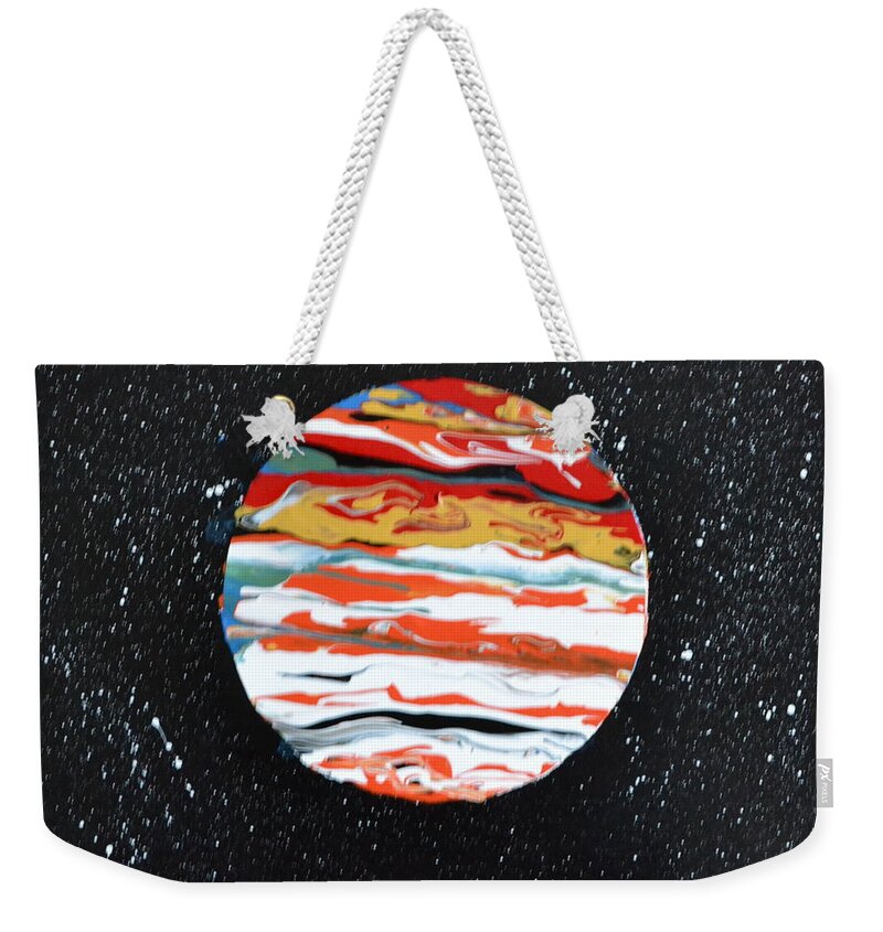 This Is A Abstract Painting Of The Planet Jupiter. The Flow Technique Was Used With Acrylic Colors. The Five Acrylic Colors Used Were Poured In A Circle Area Tilted To Get This Affect. The Distant White Stars Were Also Included In This Painting. Weekender Tote Bag featuring the painting Jupiter by Martin Schmidt