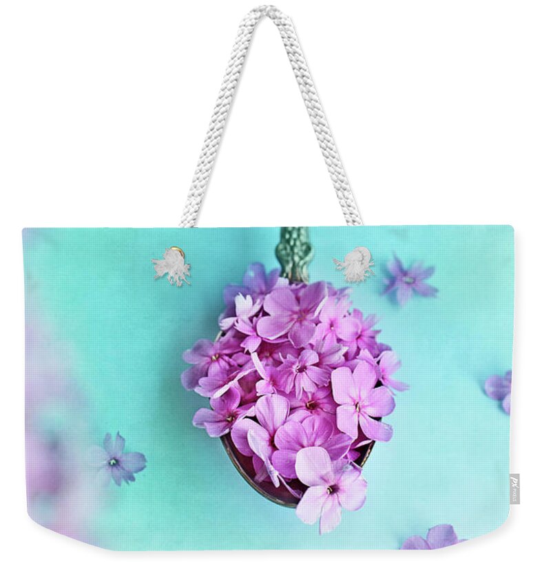Sweet William Weekender Tote Bag featuring the photograph Just a Spoonful of Petals by Stephanie Frey