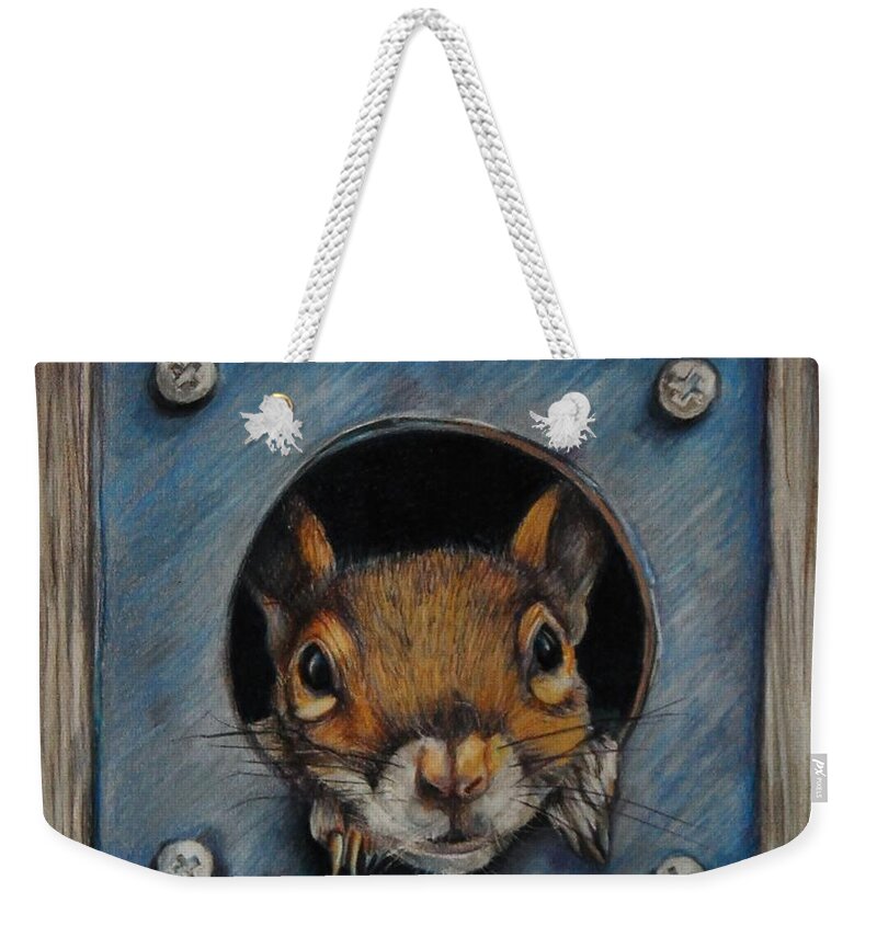 Squirrel Weekender Tote Bag featuring the drawing Just Hanging Out by Jean Cormier