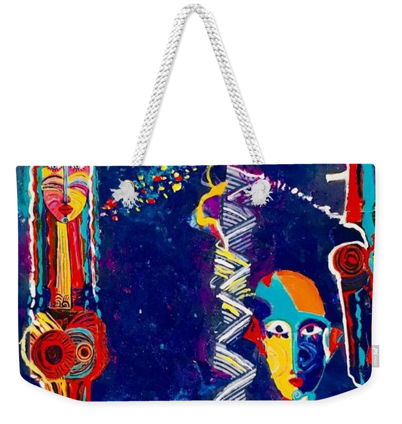 Masks Weekender Tote Bag featuring the painting Just Masks by Myra Evans