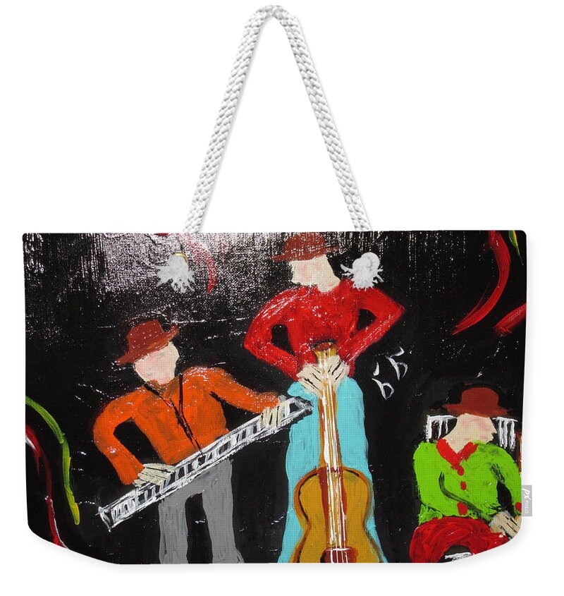 Abstract Whimsical Funfilled Colorful Music Guitars Black Red Green Ochre Weekender Tote Bag featuring the painting Just Rippin It by Sharyn Winters