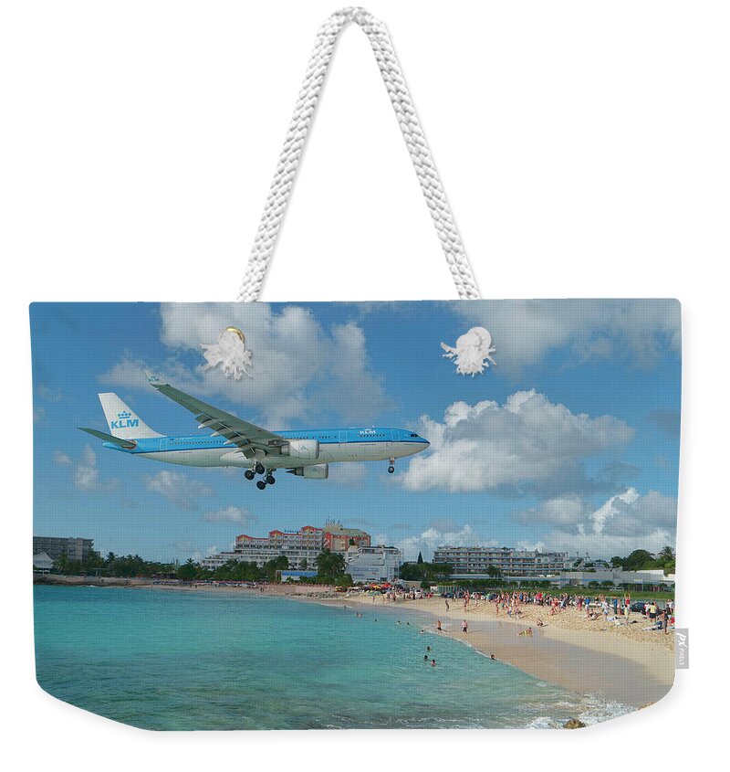 Klm Weekender Tote Bag featuring the photograph K L M at St. Maarten Airport by David Gleeson
