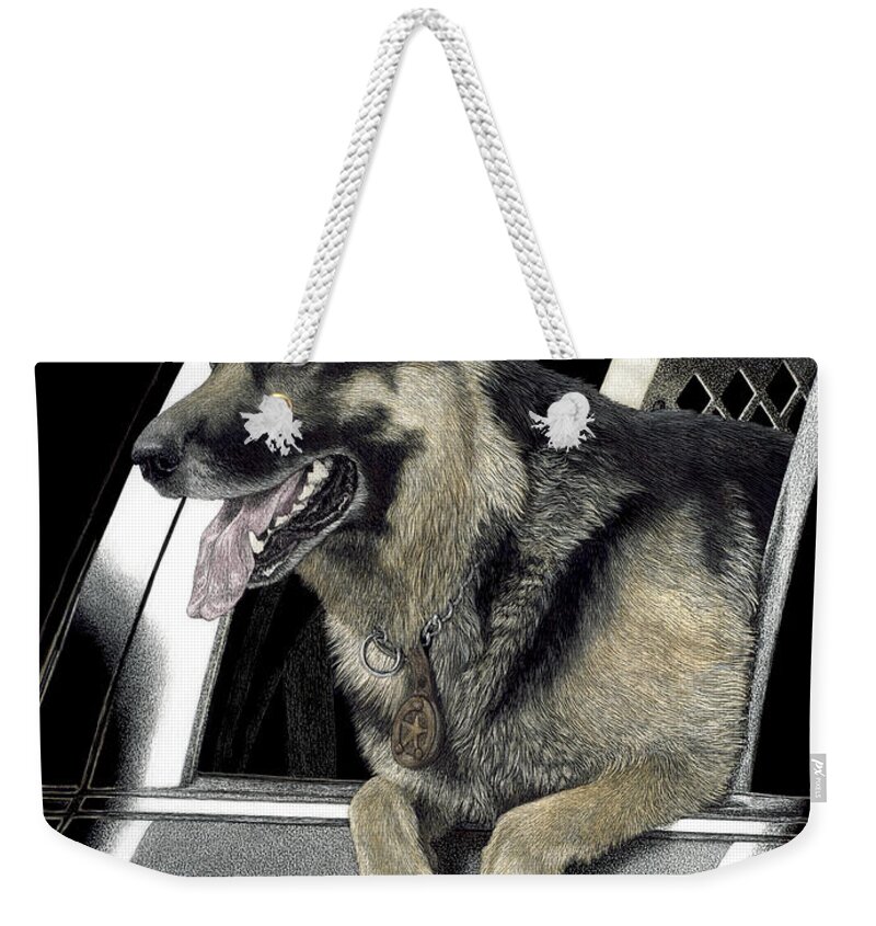 Dog Weekender Tote Bag featuring the drawing K9 Ronin by Ann Ranlett