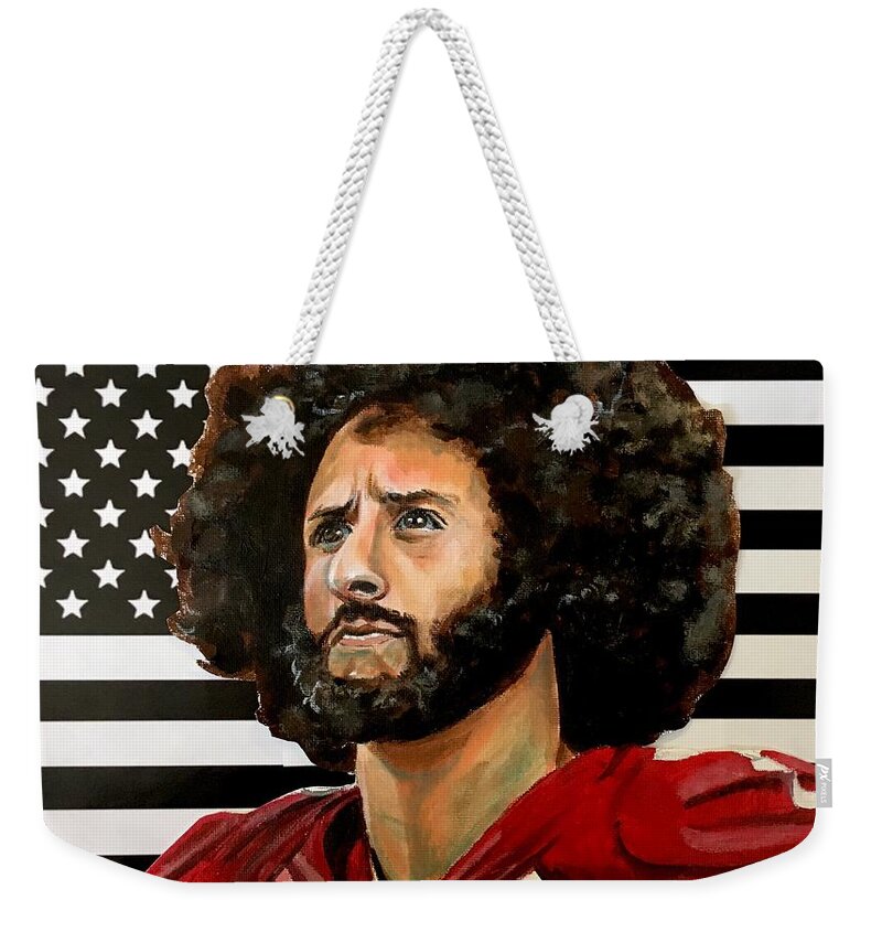 Colin Kaepernick Weekender Tote Bag featuring the painting Kaeptain America by Joel Tesch