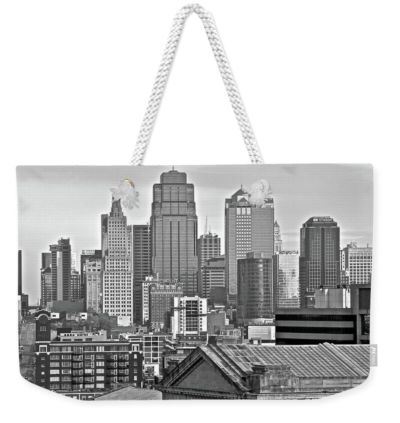 Kansas Weekender Tote Bag featuring the photograph Kansas City Black and White from Above by Frozen in Time Fine Art Photography