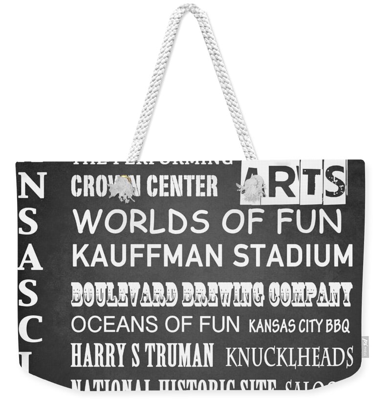 Kansas Weekender Tote Bag featuring the digital art Kansas City Famous Landmarks by Patricia Lintner