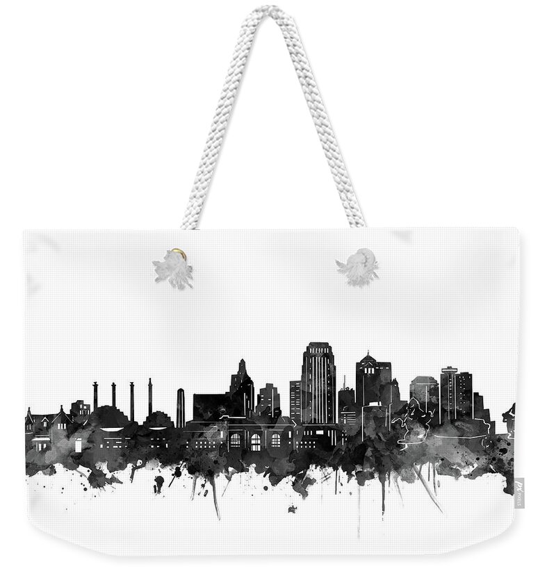 Kansas City Weekender Tote Bag featuring the digital art Kansas City Skyline Black And White by Bekim M