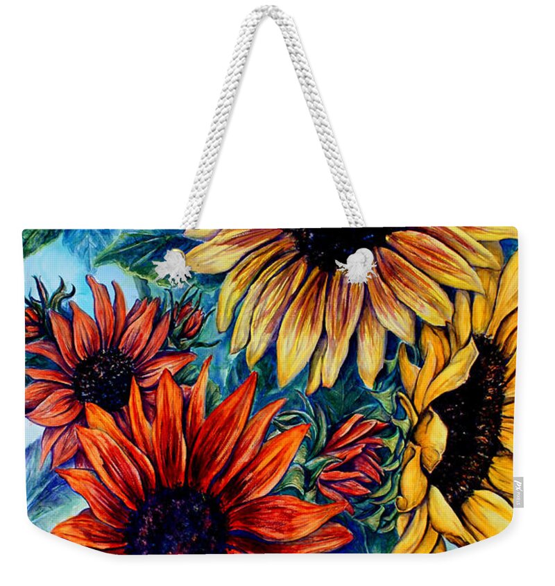 Florals Weekender Tote Bag featuring the painting Kathleen's Sunflowers by Trish Taylor Ponappa