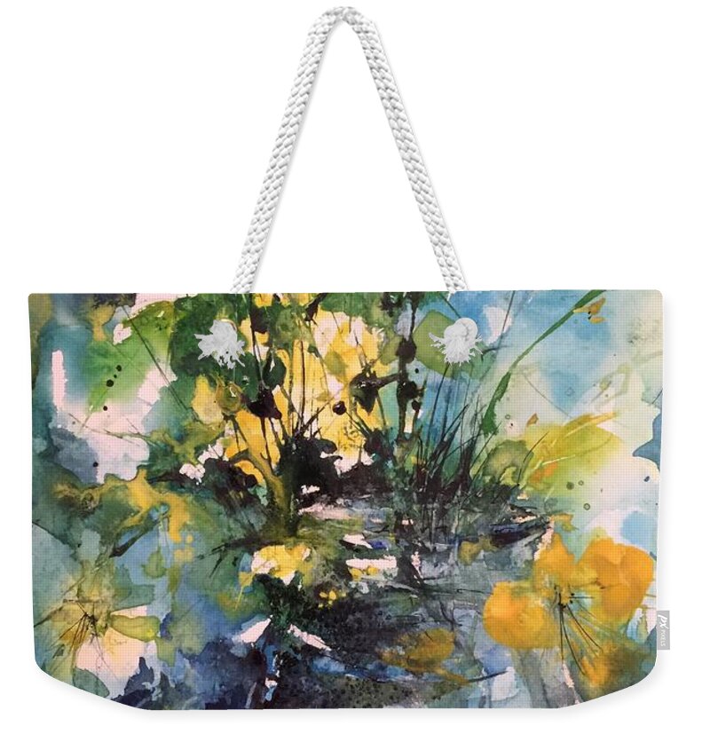 Yellow Flowers Weekender Tote Bag featuring the painting Kathleen's Yellow Flowers by Robin Miller-Bookhout