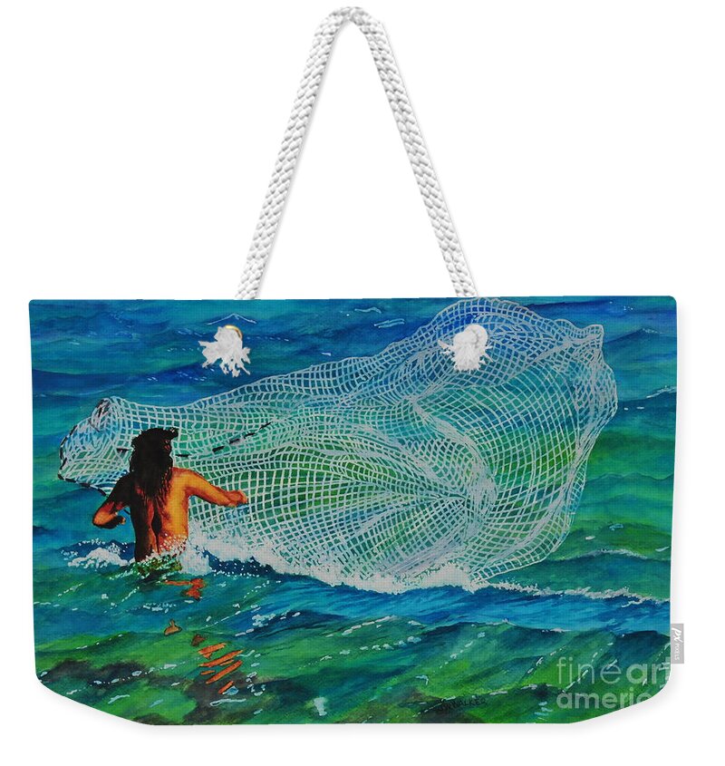 Fisherman Weekender Tote Bag featuring the painting Kauai Fisherman by John W Walker
