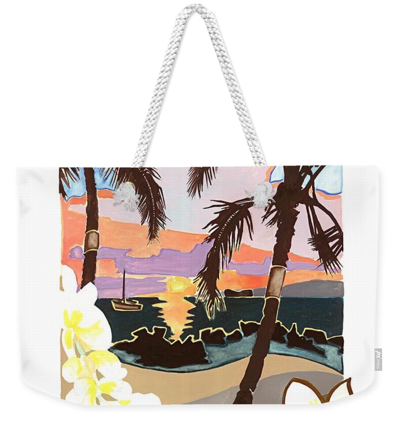 Tropical Island Landscapes Weekender Tote Bag featuring the painting Keawakapu Sunset - Maui by Joan Cordell