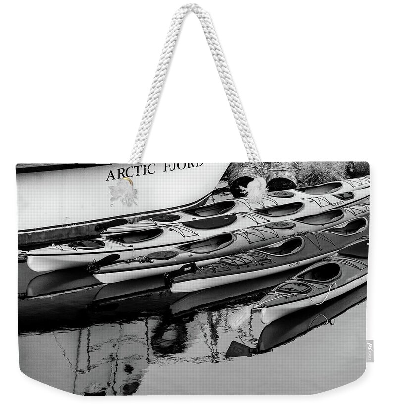 Alaska Weekender Tote Bag featuring the photograph Ketchikan Kayaks in Black and White by Joni Eskridge