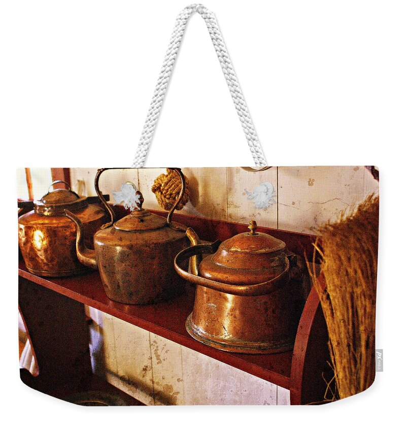 Kitchen Weekender Tote Bag featuring the photograph Kettles In A Row by Marty Koch