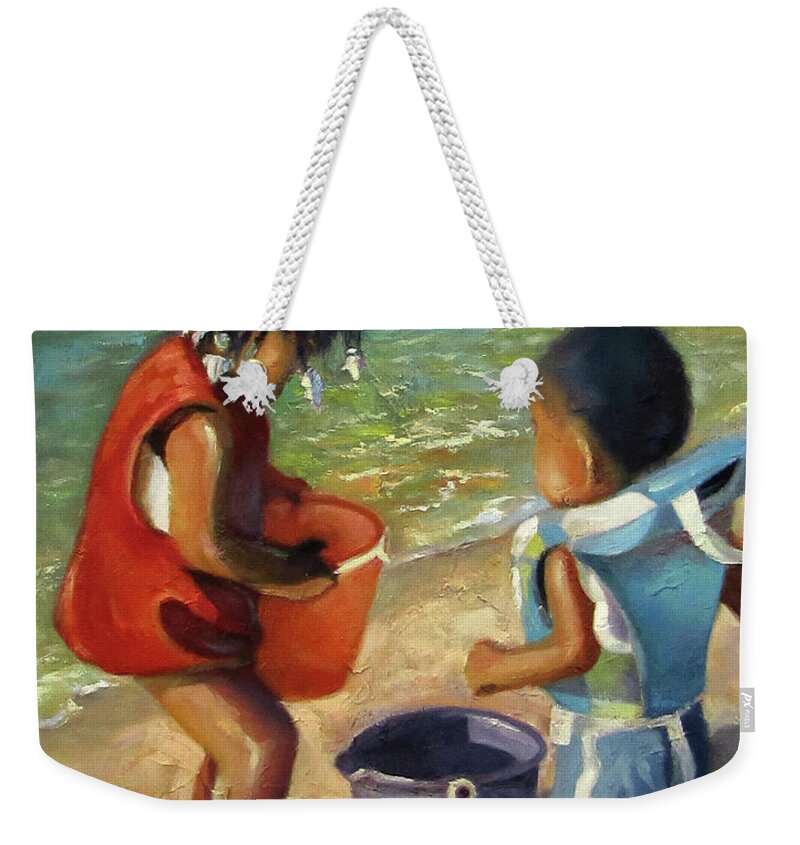 Kids Playing Weekender Tote Bag featuring the painting Kids Play by Lewis Bowman