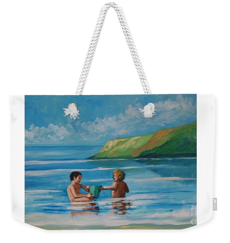 Sea Weekender Tote Bag featuring the painting Kids playing on the beach by Jean Pierre Bergoeing