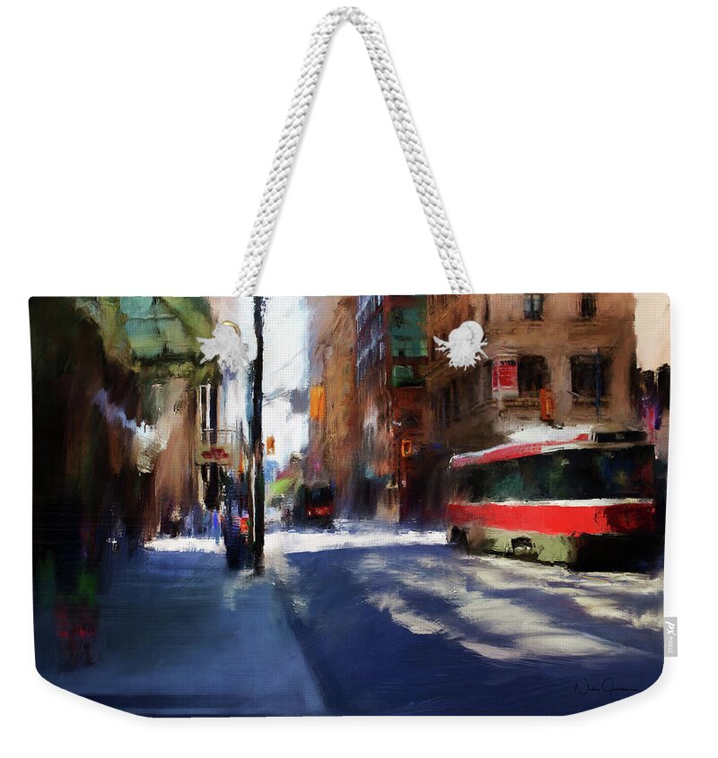Toronto Weekender Tote Bag featuring the digital art King St East by Nicky Jameson