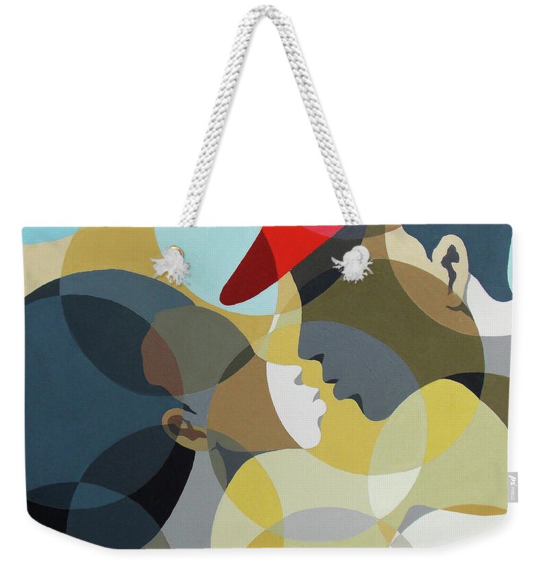 African Artists Weekender Tote Bag featuring the painting Kiss Me by Richard Adusu