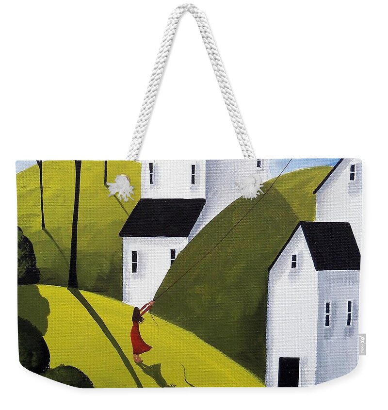 Art Weekender Tote Bag featuring the painting Kite Day - folk art landscape by Debbie Criswell