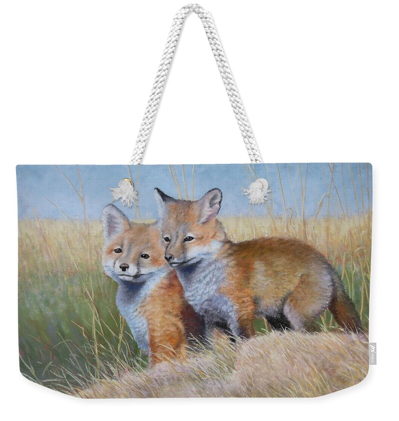 Red Fox Weekender Tote Bag featuring the pastel Kits in the Sun by Marcus Moller