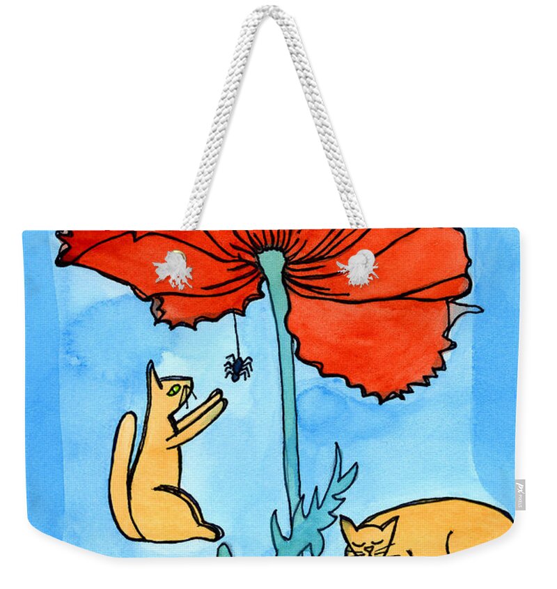 Poppy Cartoon Weekender Tote Bag featuring the painting Kitties and the Poppy by Norma Appleton