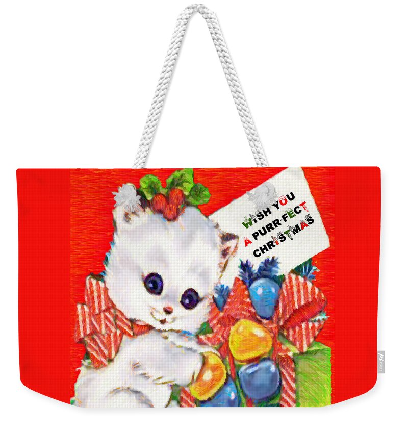 Rafael Salazar Weekender Tote Bag featuring the digital art Kitty at Christmas time by Rafael Salazar