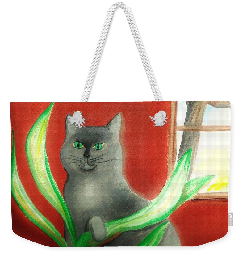 Cat Weekender Tote Bag featuring the painting Kitty In The Plants by Denise F Fulmer