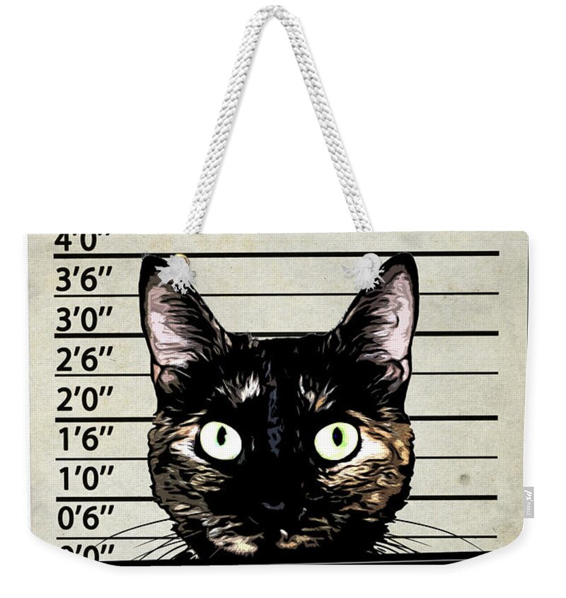 Cat Kitty Kittycat Feline Animal Criminal Mugshot Jail Prison Arrest Arrested Humor Funny Cute Pet Weekender Tote Bag featuring the mixed media Kitty Mugshot by Nicklas Gustafsson